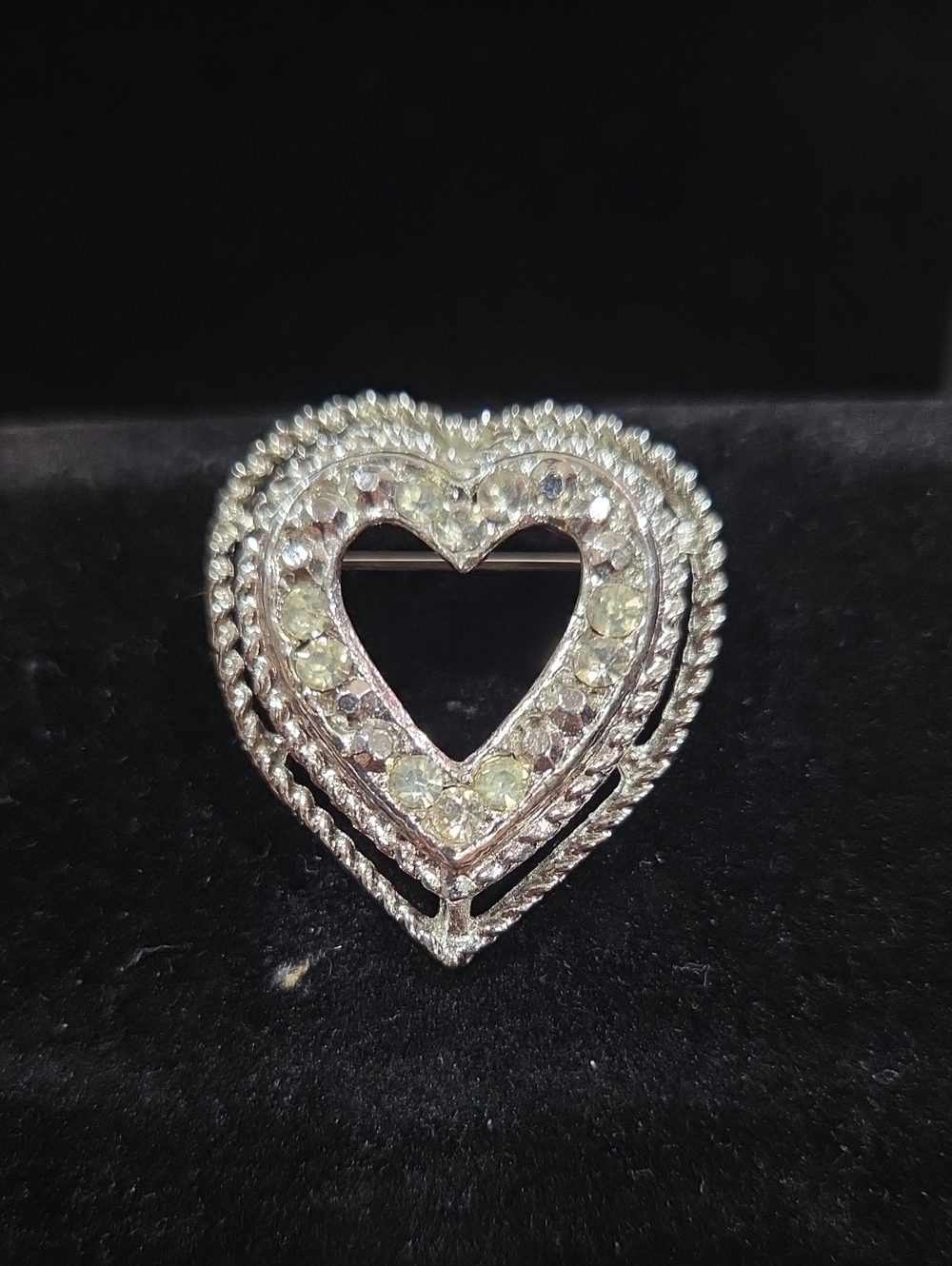 Silver Heart Crystal Brooch - Vintage